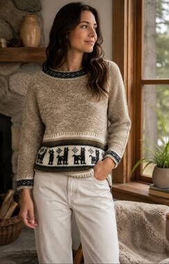 Alpaca Women's Wool Knitted Oatmeal Llama Print Fair Isle Sweater Sz Small